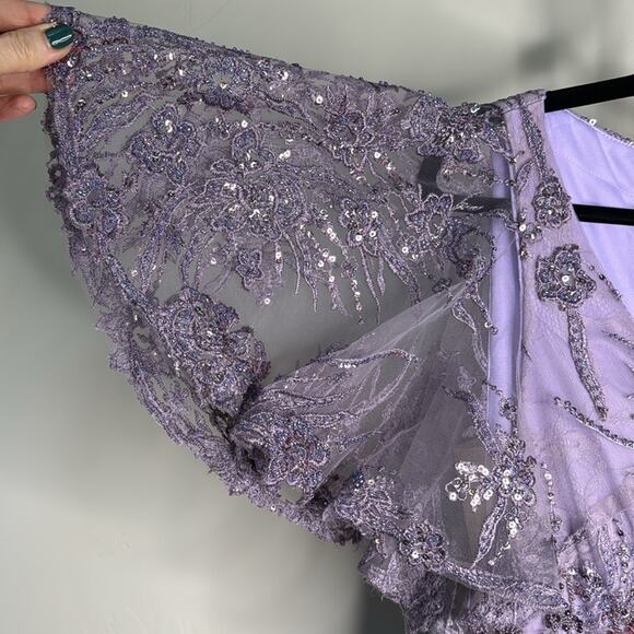 NWT MAC DUGGAL 67493 Vintage Lilac Lace Sequin Flutter Sleeve Evening Gown - Picture 5 of 12
